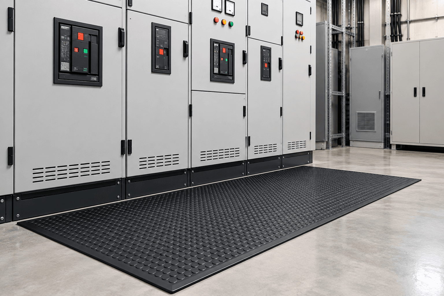 Rubber standing mat in front of closed electrical cabinets in an indoor equipment room