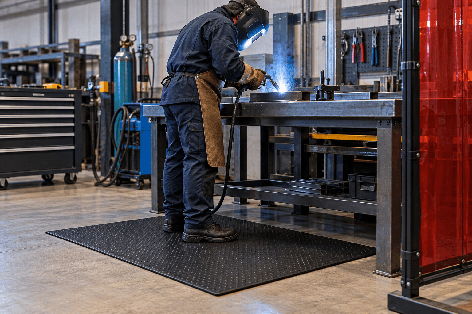 Welder standing on a black rubber mat at an industrial welding workstation