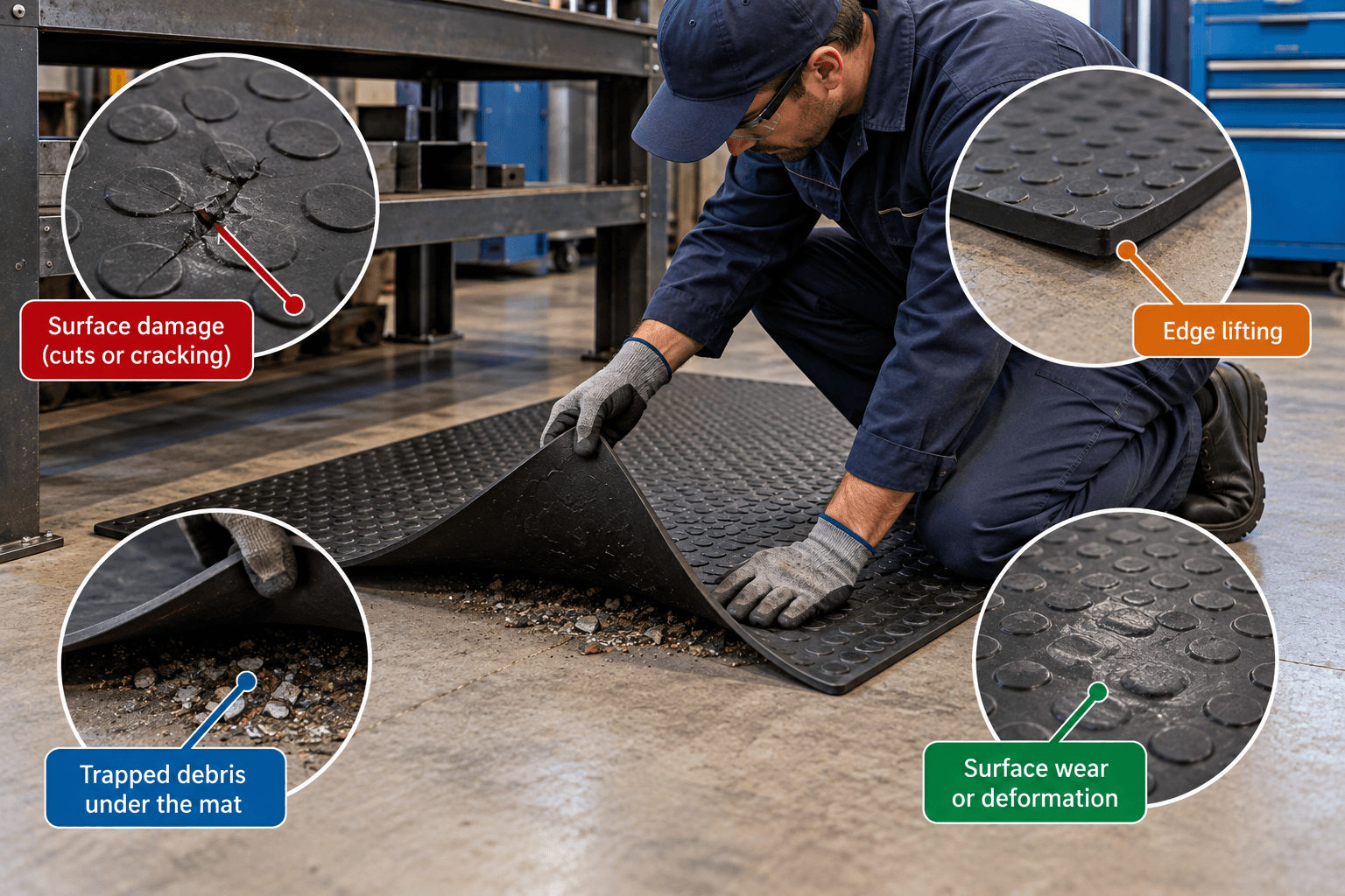 Worker inspecting a rubber mat for surface damage, lifted edges, wear and debris underneath