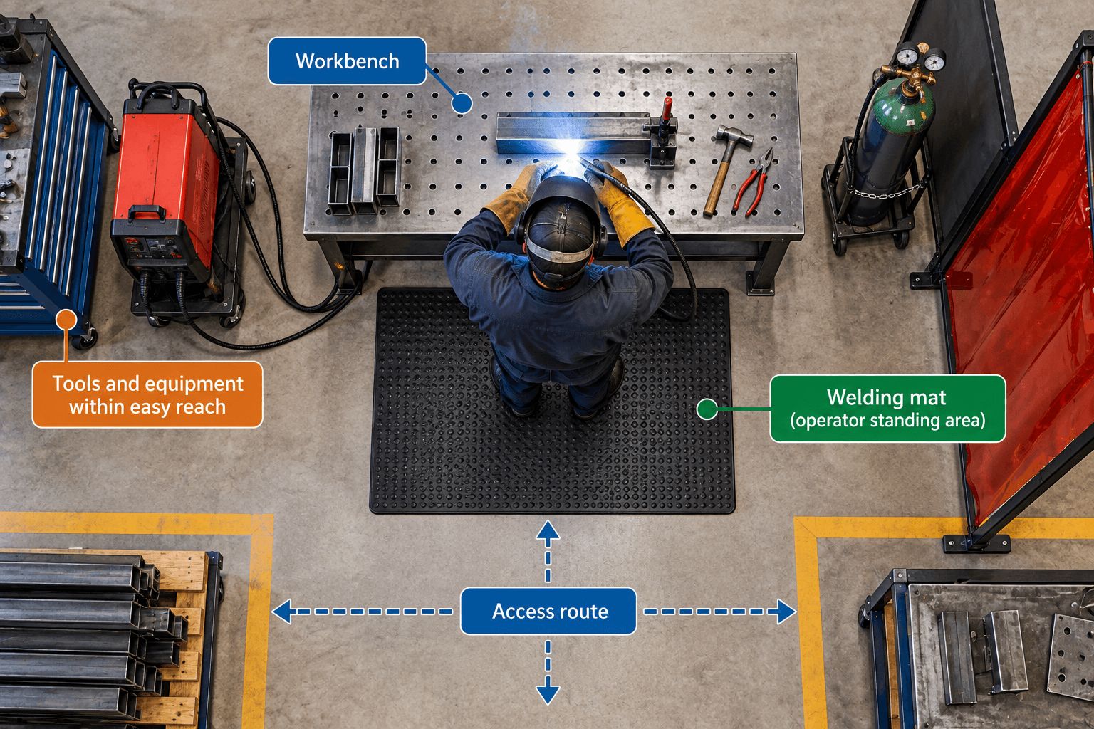 Top-down welding workstation layout showing rubber mat placement, workbench and access route