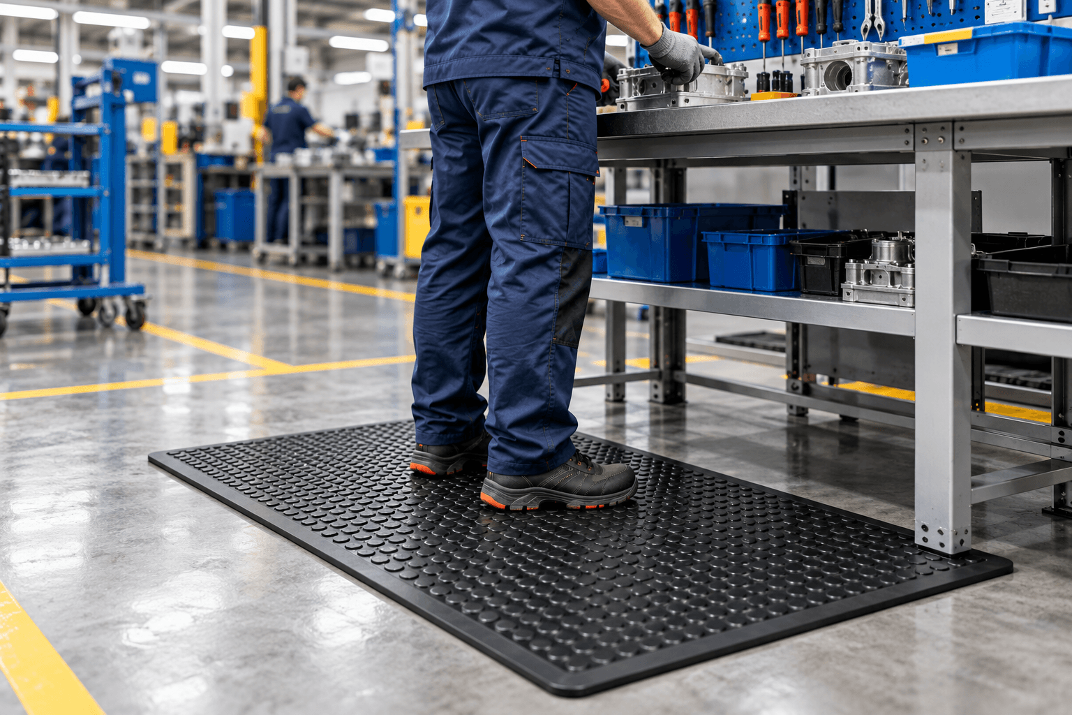 Worker standing on a black rubber mat at an industrial assembly workstation