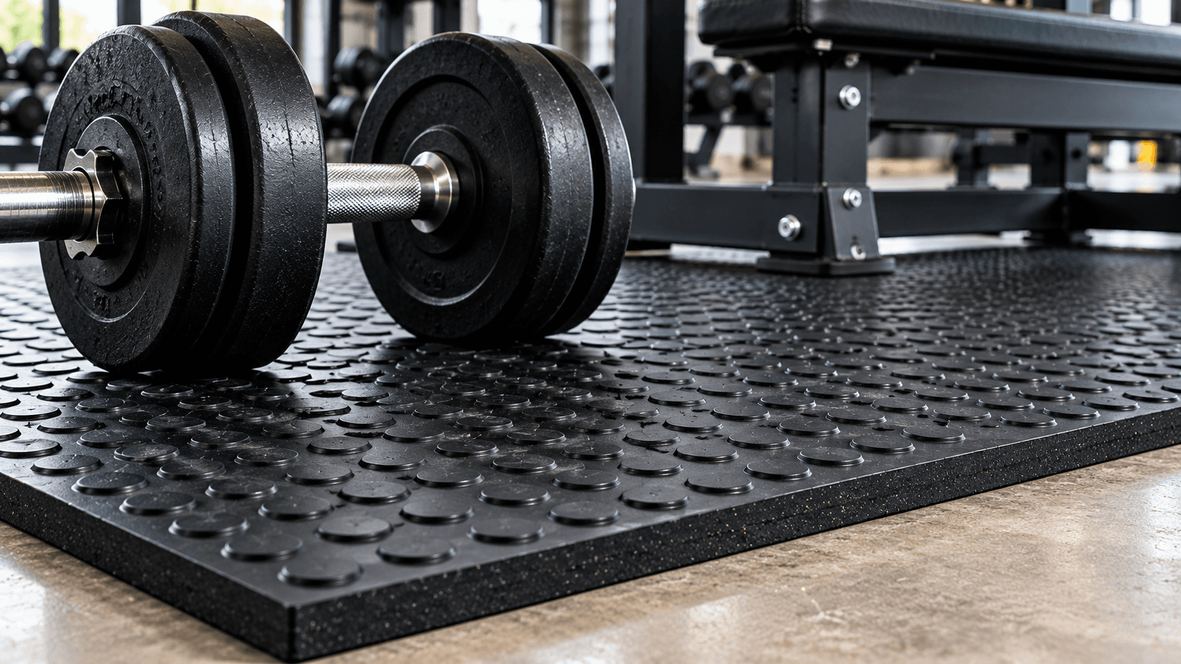 Durable commercial rubber mat surface under heavy equipment