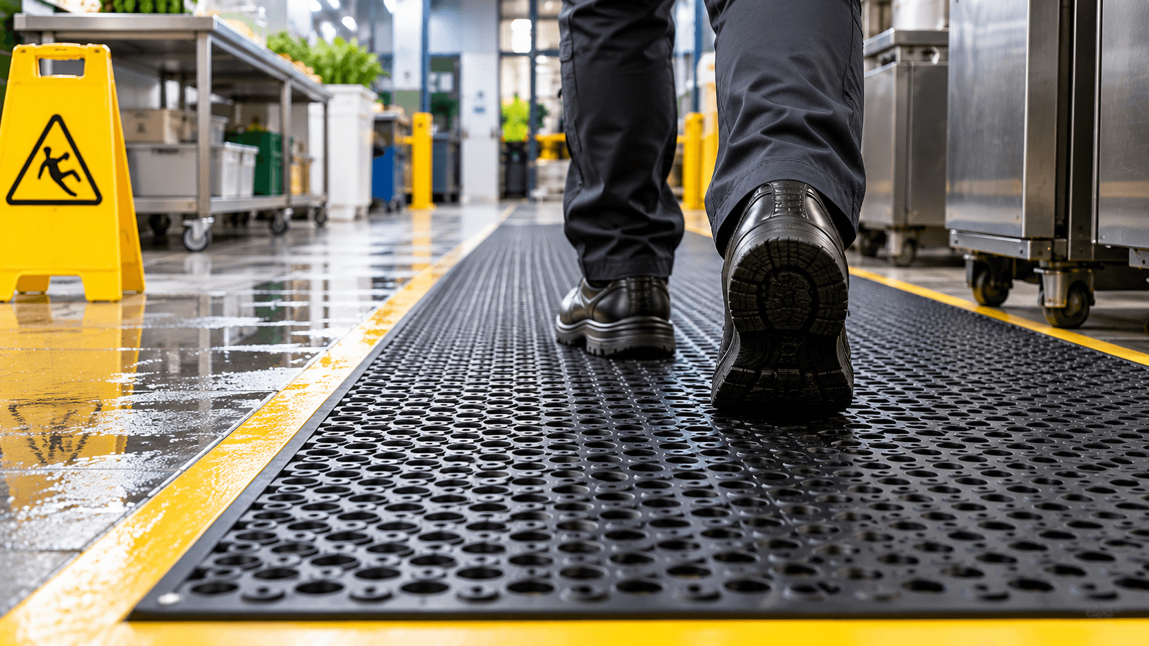 Commercial rubber matting in a wet industrial working environment