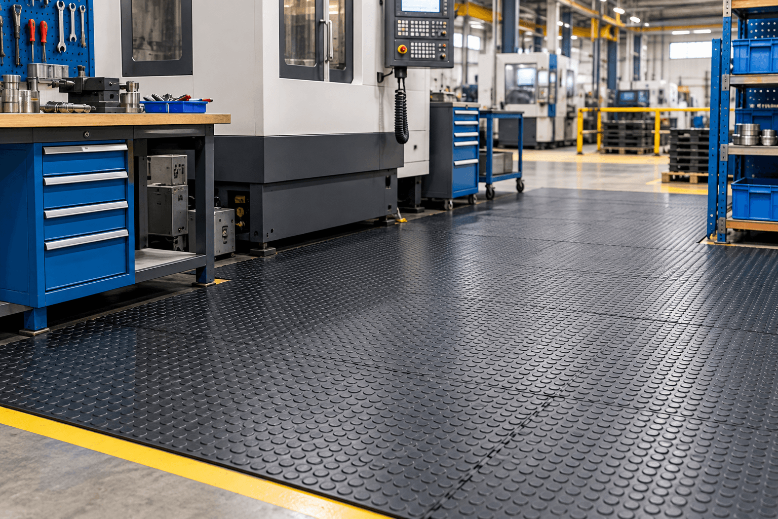 Rubber floor matting beside machinery and workstations in an industrial facility