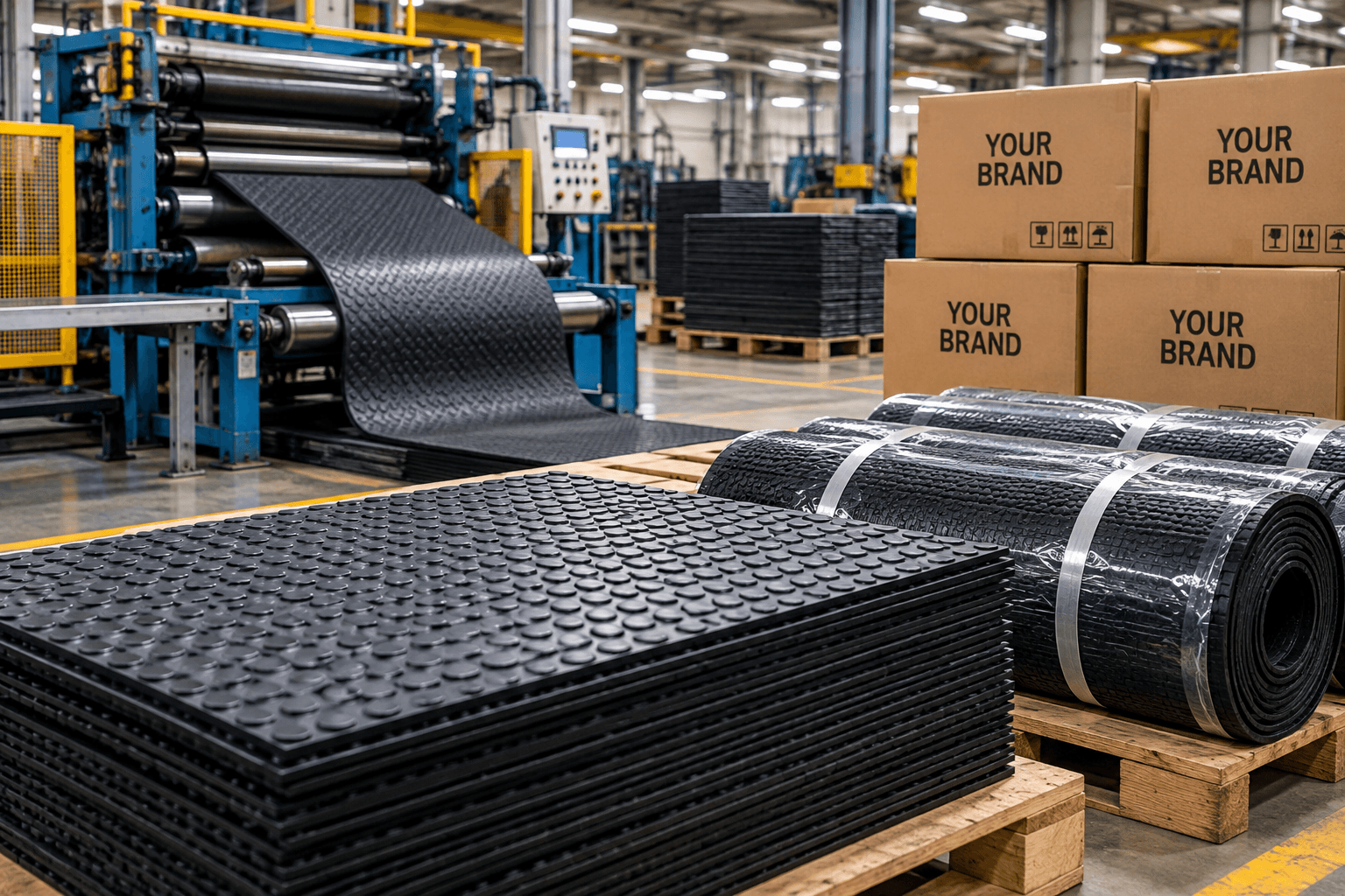 OEM rubber mat manufacturing and private-label production in an industrial facility
