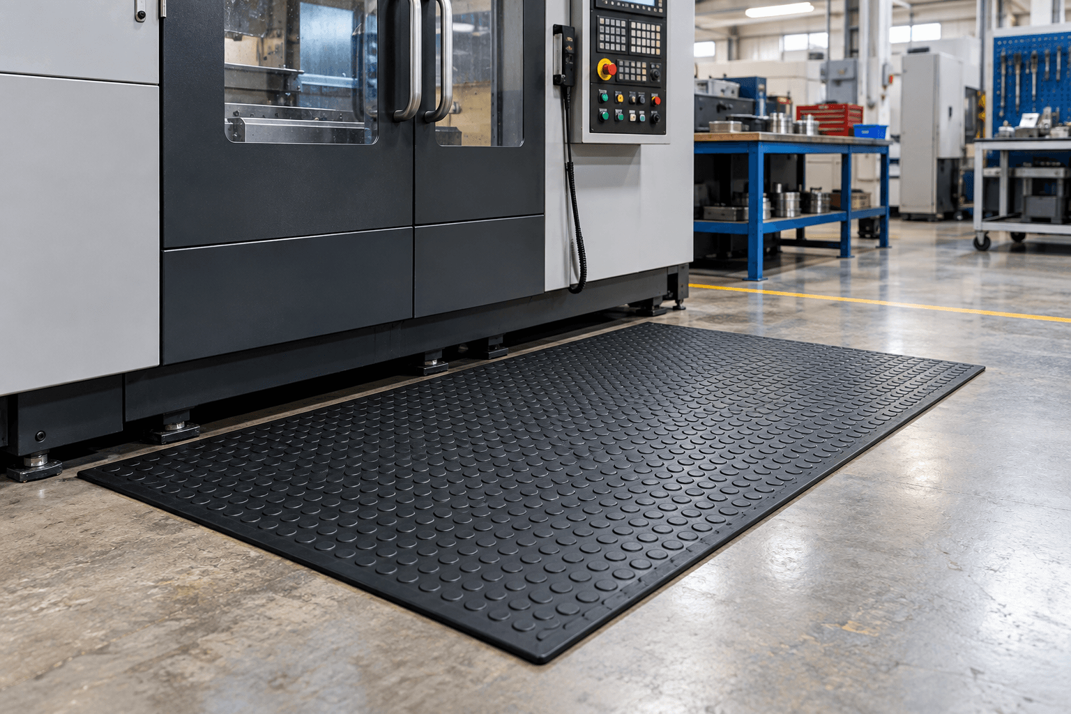 Rubber floor mat beside equipment in a clean industrial workshop