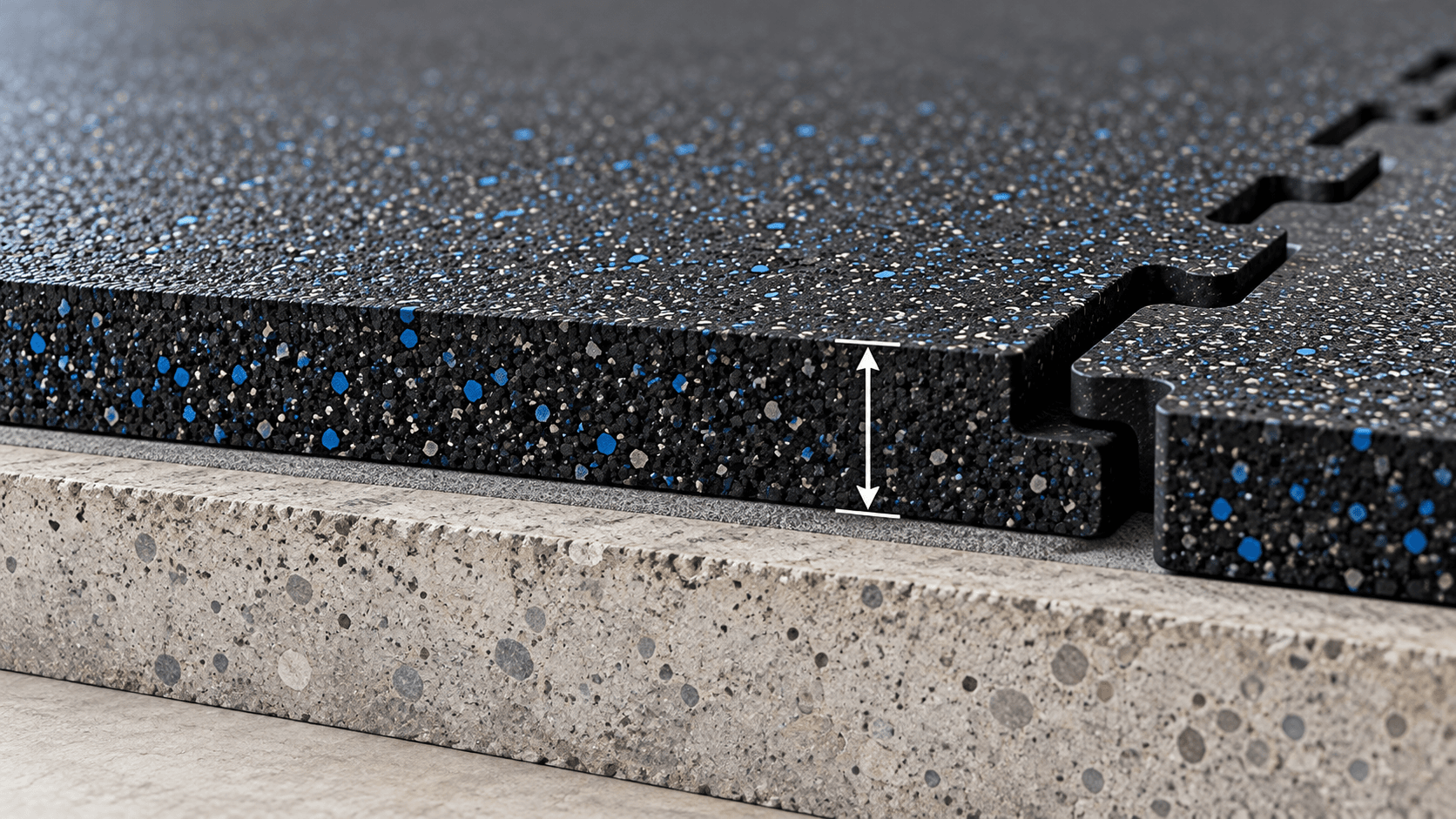 Rubber gym mat thickness and flooring construction diagram over a subfloor