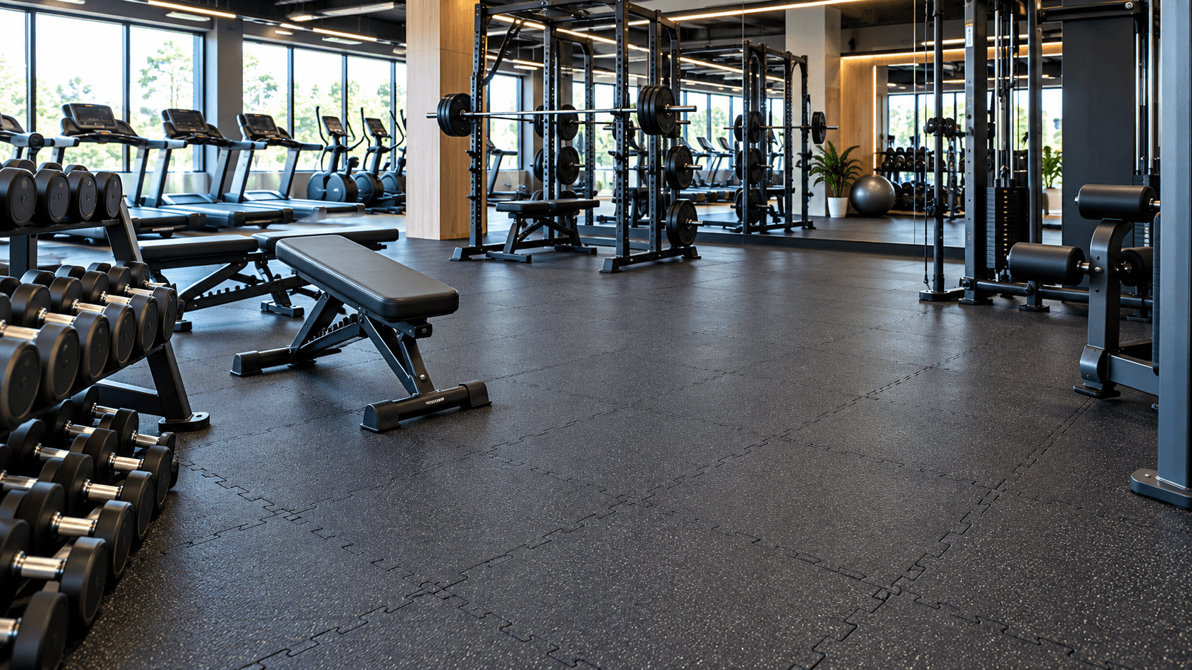 Rubber gym mats and interlocking rubber flooring in a commercial fitness space