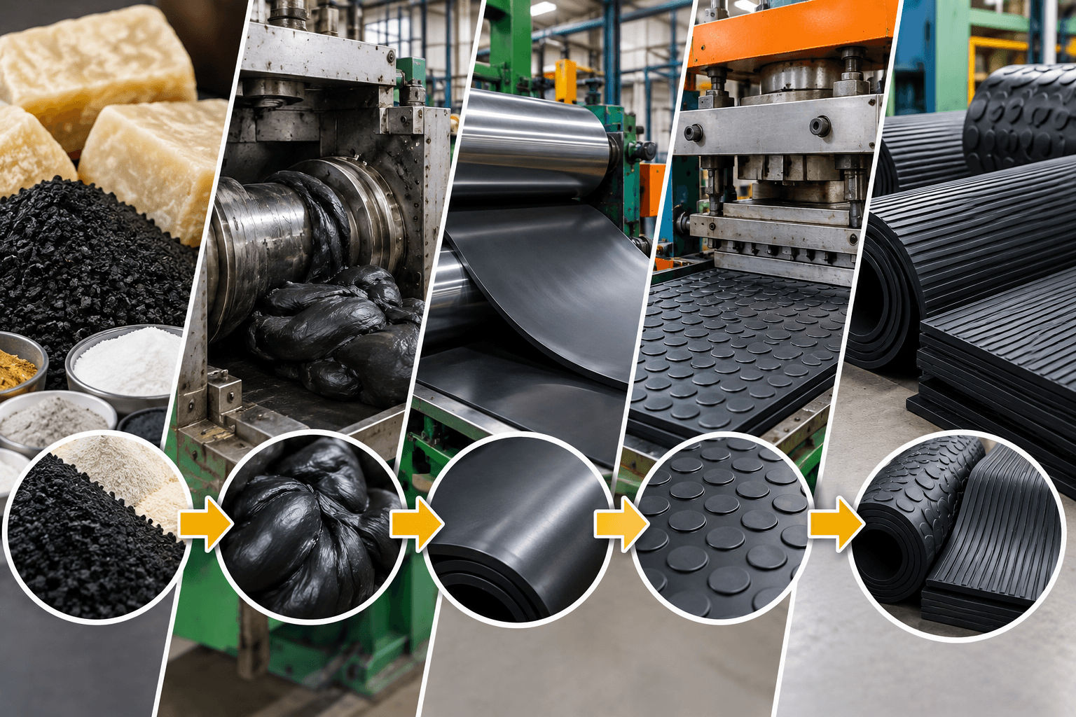 Rubber mat manufacturing process in an industrial production facility