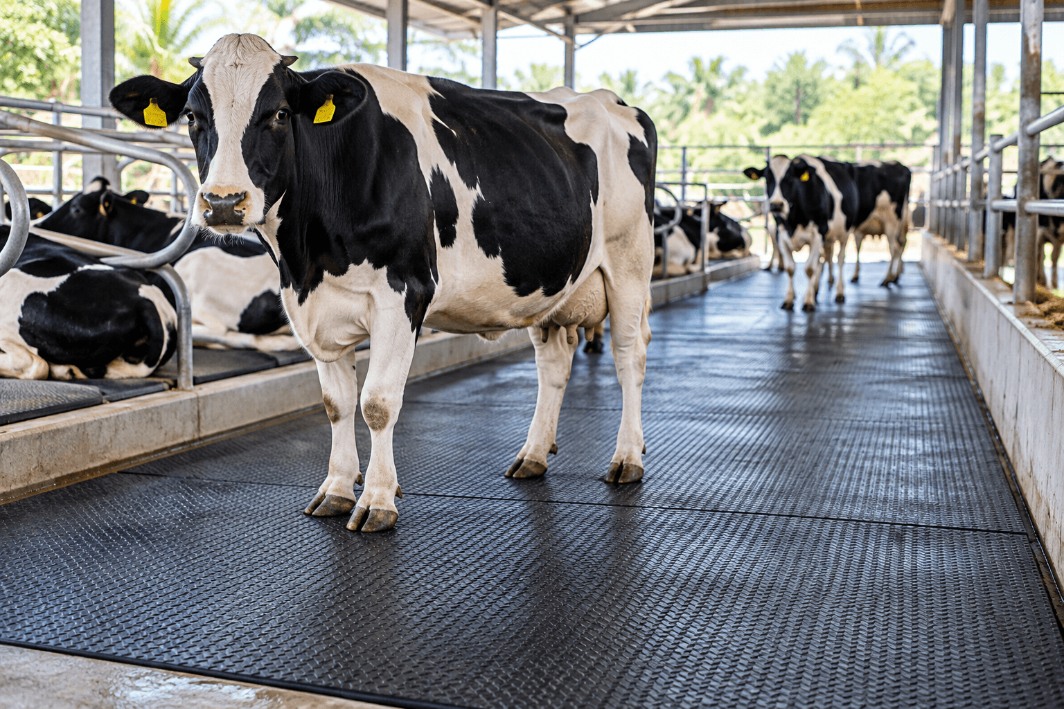 Rubber cow mats used as dairy flooring in a cattle facility